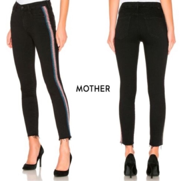 Mother High Waisted Looker Ankle Fray Black Guilty Glitter Racer Stripe Jeans 26 - Picture 1 of 16